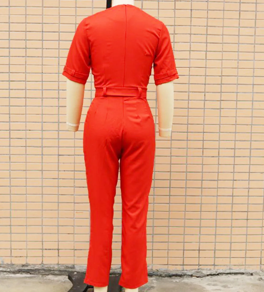 Women Suit Short Sleeve Jumpsuit Slim Fit Fashion Office Lady Spring Summer Elegant Solid Button Sexy High Waist Jumpsuits