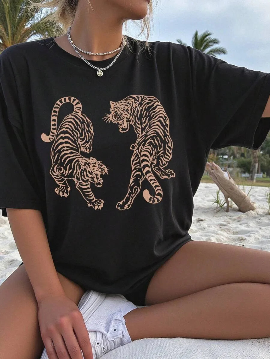 Plus - Size T-Shirt - Fashionable Leopard Print Shirt Casual Holiday Style black