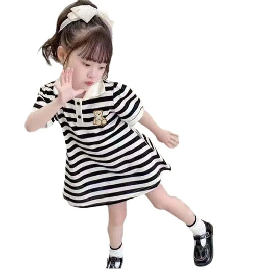 Girls Stripe Bear Polo Dress Summer Short Sleeve Flip Collar Baby Academy Style Trendy Dress Girls Aged 2-10