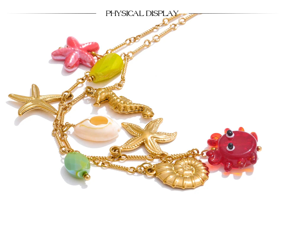 Yhpup Ocean Style Summer Fashion Jewelry Crab Starfish Shell Pendant Necklace Stainless Steel Golden Charm Pendant Accessories