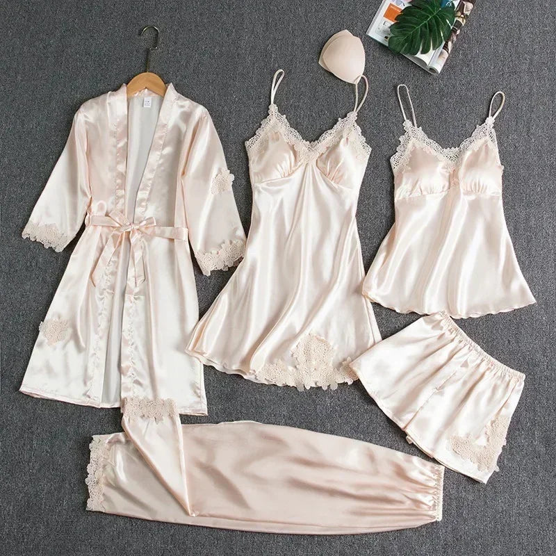5-piece Set of Women's Sleepwear Sexy Silk Nightgown Lace Satin Nightgown V-neck Vest Breathable Comfortable Women's Nightgown