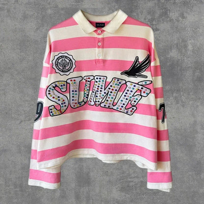 Couple summer washing fashion rhinestone striped two-piece set of denim shorts original color casual printing five-point pants