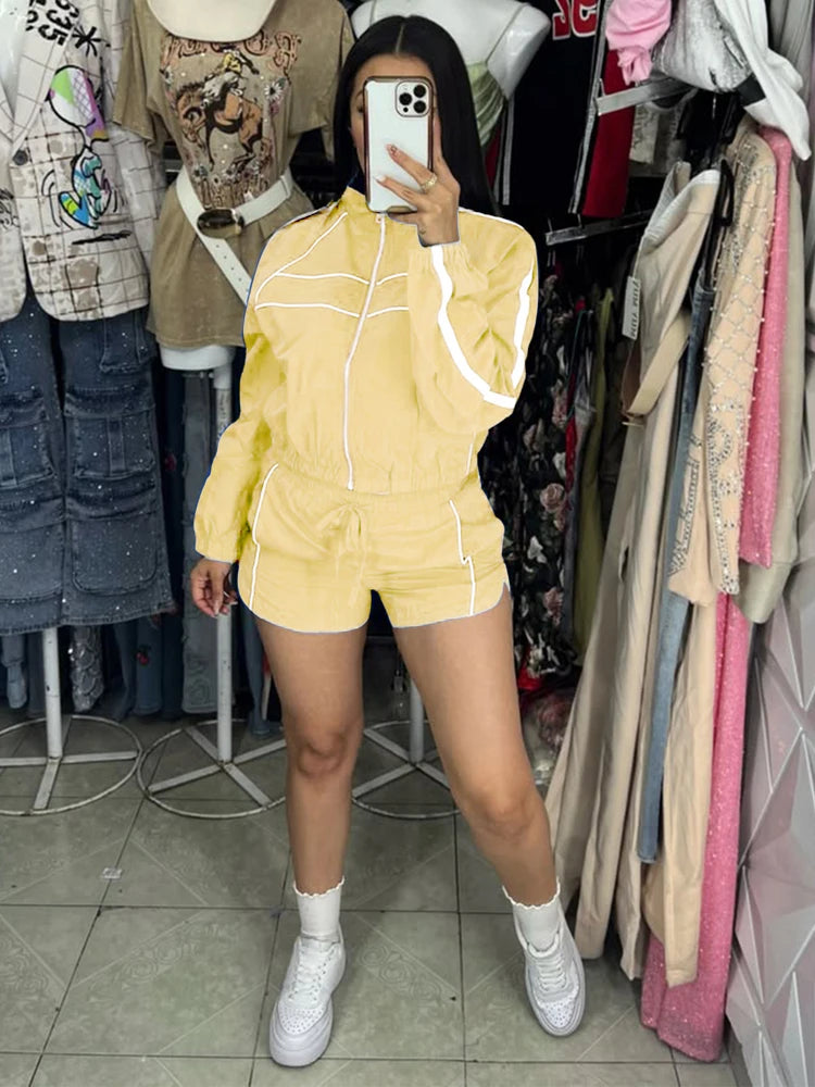 2025 Trendy Woman Clothes Sets Y2k Lounge Tracksuit Contrast Color Long Sleeve Zip Windbreaker Jacket Shorts 2 Piece Set Outfits