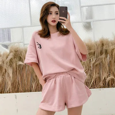 Red Two piece Cotton Women's Sportswear Set 2025 Summer New Round neck Short sleeved Top+Shorts Women Loose Casual Clothing