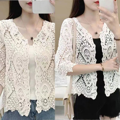 Women Knitted Lace Shrug Boho Hollow Crochet Floral 3/4 Sleeves Open Front Cropped Cardigan Elegant Mesh Sweater Coveup