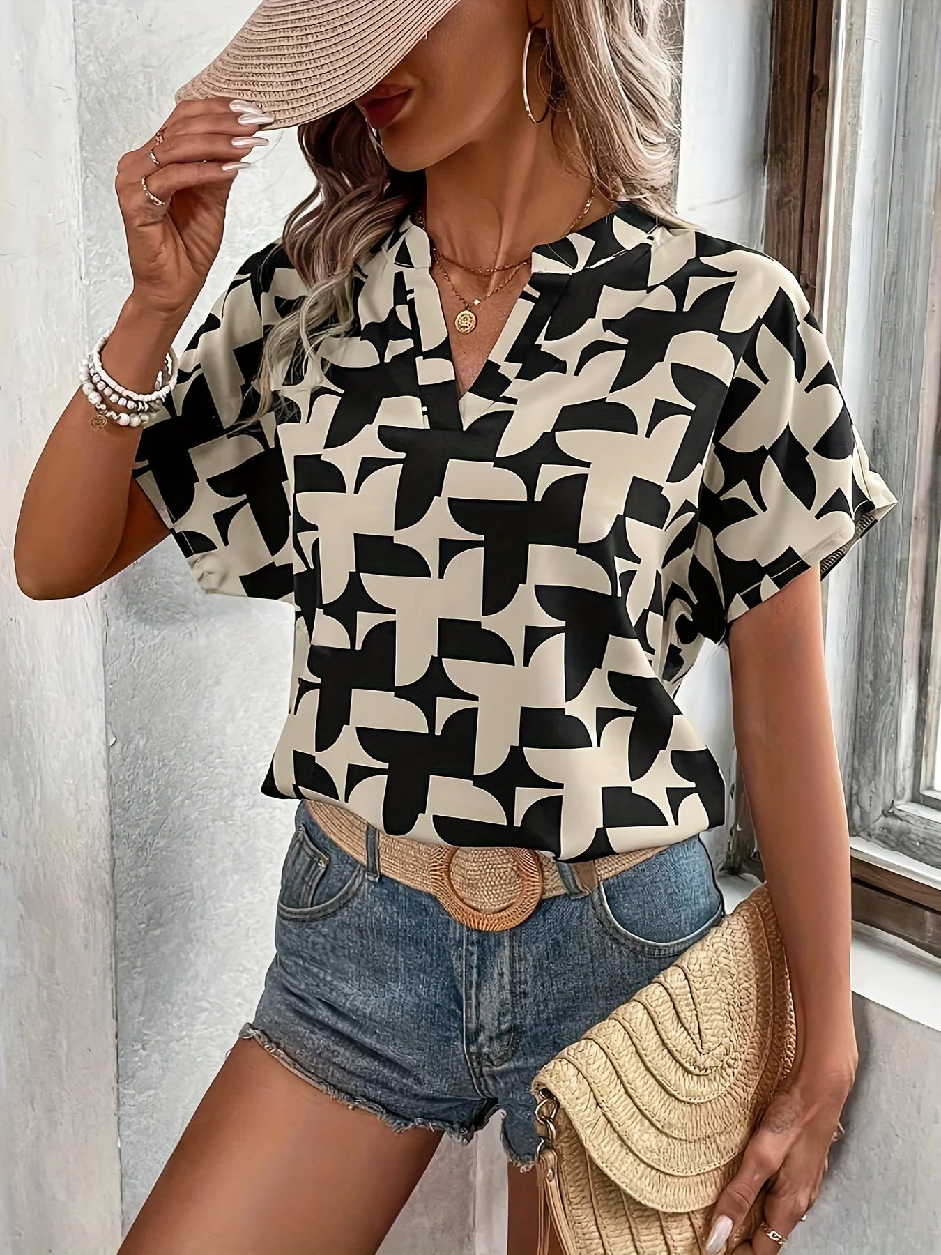 Elegant Summer Women's Print Shirt Casual Office Lady Notched V Neck Batwing Sleeve Blouses Tops Mixed Color