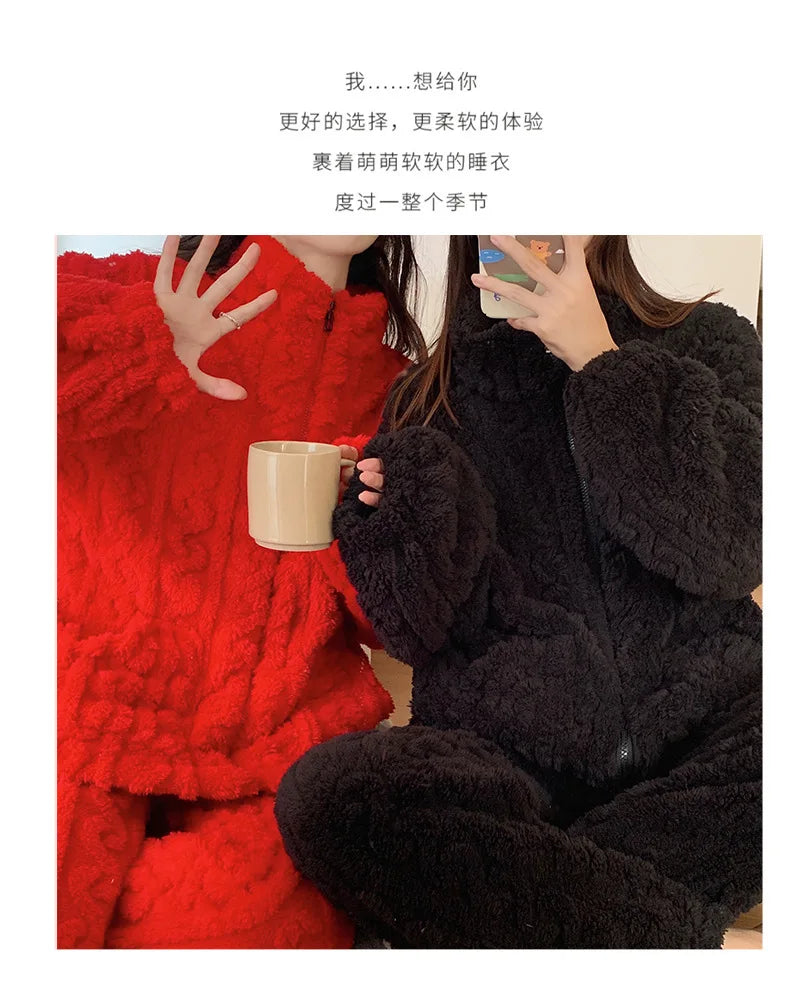 Large Size Flannel Pajamas Set Autumn Winter Female Sleepwear Trouser Suit Thicken Coral Fleece High Collar Lounge Wear Homewear