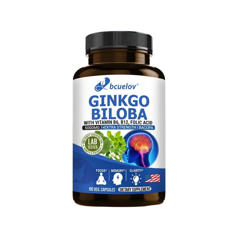 Ginkgo Biloba + 5000mg Supplement - Vitamin B6 B12 Folic Acid Bacopa Gotu Kola - Brain Focus Memory 60 count-1 bottle