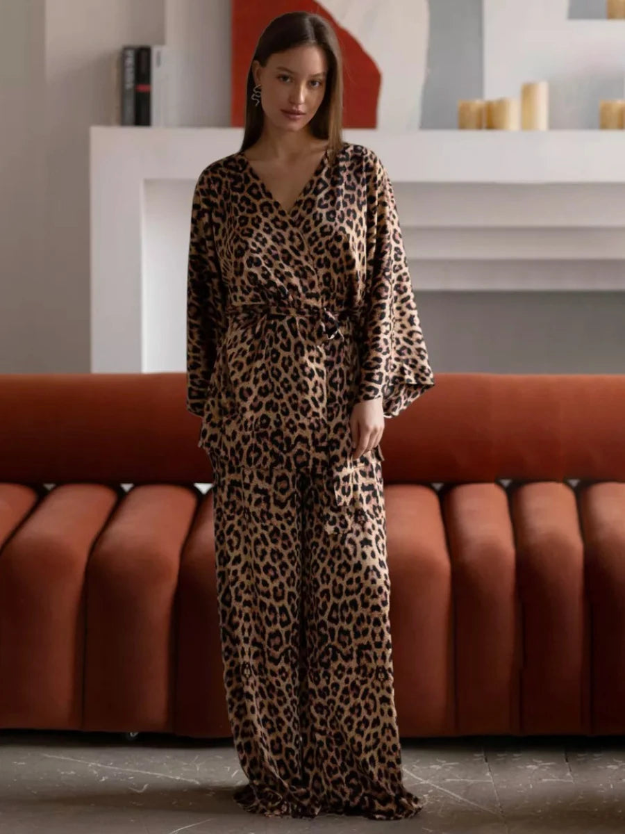 Mozuleva Solid Color Long Sleeved Pants Pajama 2-Piece Set Women's Autumn Winter Lace Up Nightgown Comfortable Home Clothing leopard