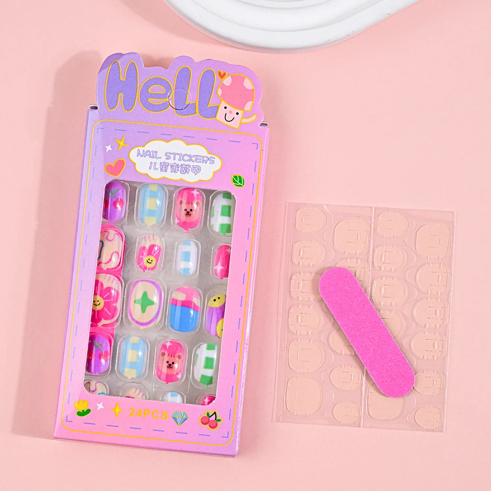 24Pcs Children Cartoon Nail Tips Colorful Cute Rabbit Pink Stars 6-14 Years old Girl Fake Nail With Jelly Glue Kids False Nail TC0005-2