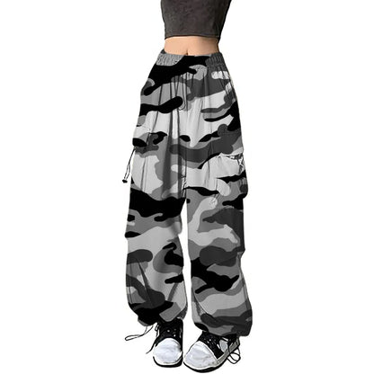 Womens Camouflage Cargo Pants Streetwear Hip Hop Baggy Trousers Casual Drawstring Joggers Pockets Loose Wide Leg Sweatpants
