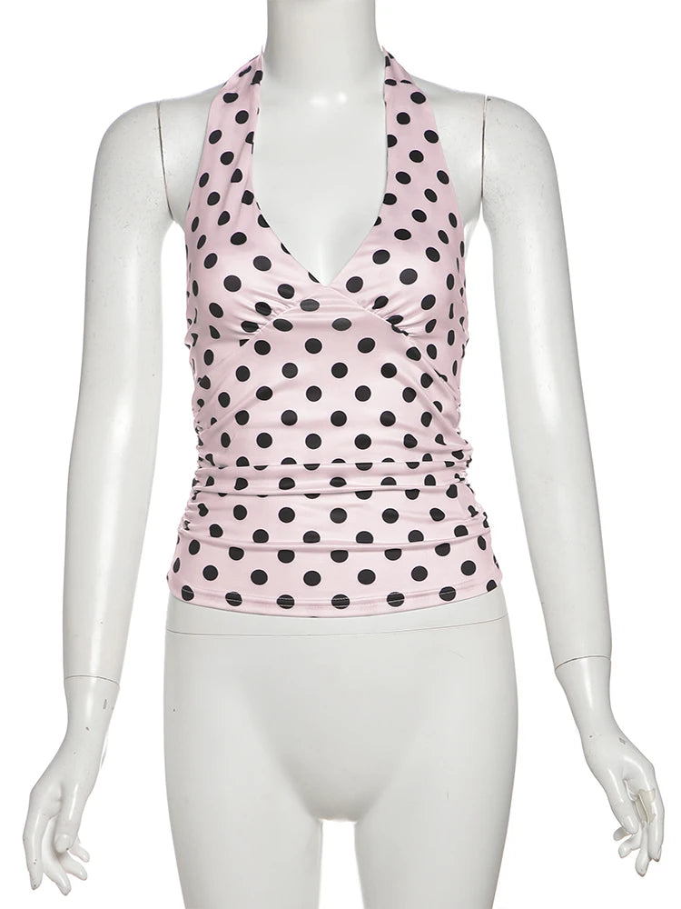 weird Puss Polka Dot Print Vest Women Y2K Lace-Up Backless Halter v-Neck Skinny Summer Trend Daily Street Basic Chic Tank Tops