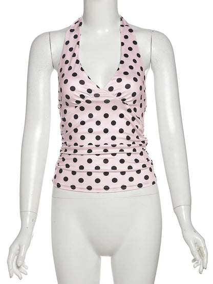 weird Puss Polka Dot Print Vest Women Y2K Lace-Up Backless Halter v-Neck Skinny Summer Trend Daily Street Basic Chic Tank Tops
