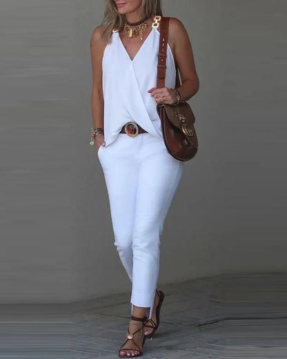 Elegant V-Neck Blouse for Women, Sexy Sleeveless Chain Print, Lady Casual Tops, White, Summer, 2024 WHITE