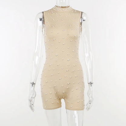 Sexy O-neck Sleeveless Jumpsuit Women Summer Beaded Mesh Rompers Skinny Elegent One Piece Apricot Fashion Hot Combinaison Femme