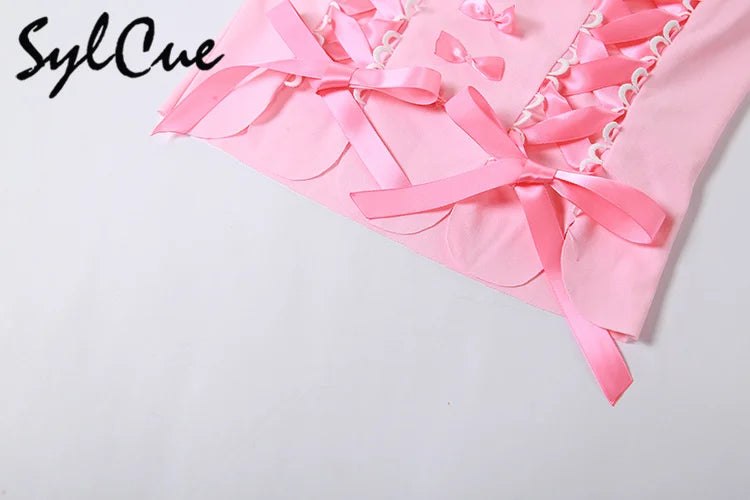 Sylcue Pink Sweet Cool Sexy Tight All-Match Femininity Charm Gorgeous Outer Wear Women'S Street Personality Drawstring Vest