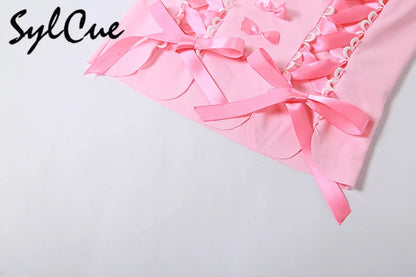 Sylcue Pink Sweet Cool Sexy Tight All-Match Femininity Charm Gorgeous Outer Wear Women'S Street Personality Drawstring Vest