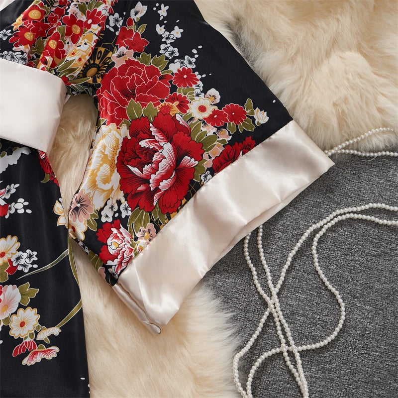 Japanese Sexy Print Kimono Slim Fit V-Neck Nightgown Loose Petal Sleeves Women's Erotic Lingerie Mini Irregular Patchwork Dress