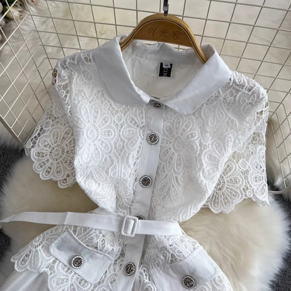 Summer Elegant Crochet Lace Patchwork Chiffon Pleated Dress Women's Short Sleeve Hollow Out Flower Buttons Belt Runway Vestidos