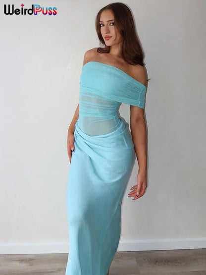 Weird Puss Ruched Irregular Dress Women Mesh Patchwork Slash Neck Short Sleeve Skinny Stretch Trend Elegant Long Bodycon Outfits