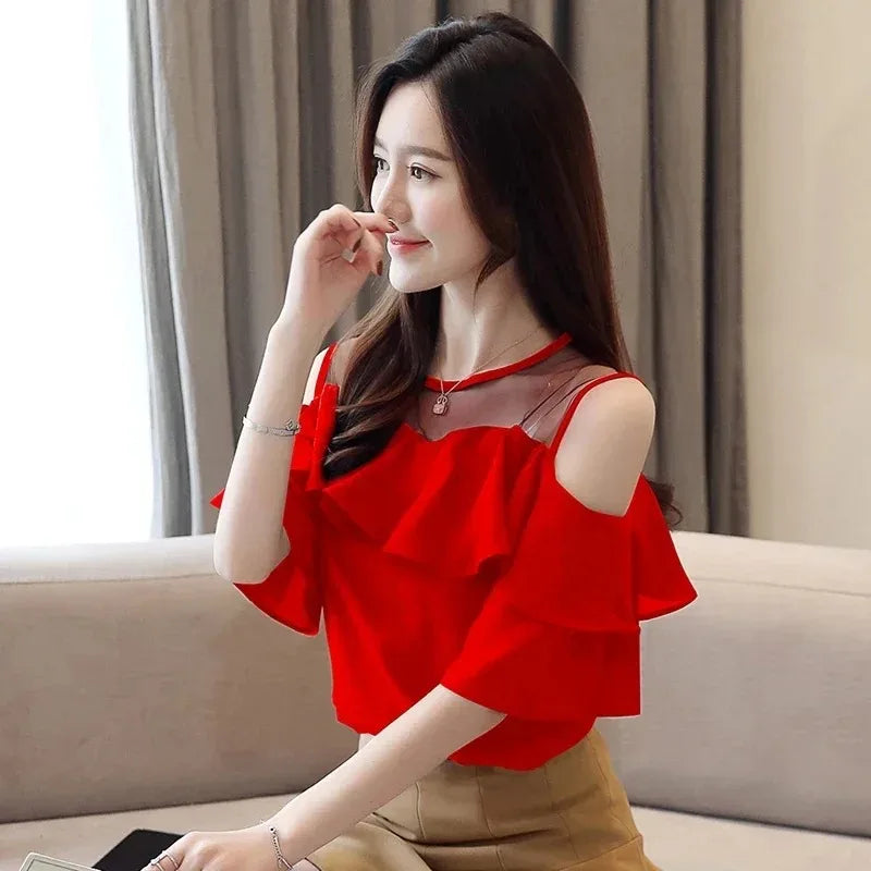 Women's Round Collar Mesh Chiffon Blouse, Short Sleeve Ruffles Tops, Sexy Off Shoulder Shirt, Solid Color Clothes, Summer, 4206 Red