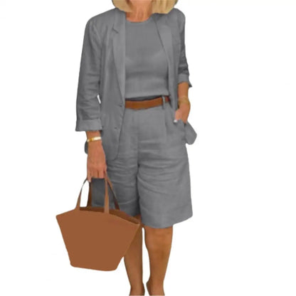 Cotton Linen Temperament Shorts Women s Suit 2 Piece Set Elastic Waist Thin Female Shorts Summer Outfit Grey