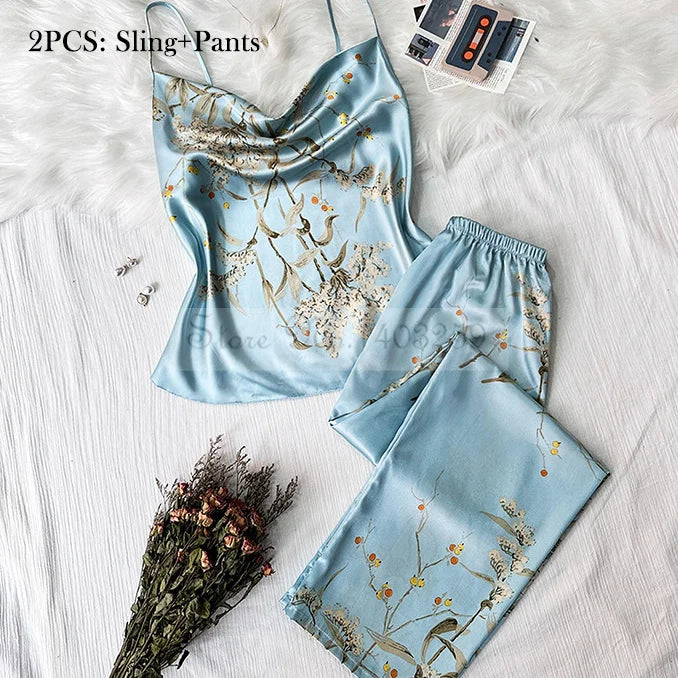 Four Pieces Pajamas Set Printed Little Cherry Sleepwear Women Satin Nightgown With Suspender Sling&Shorts Summer Home Clothes Blue Cherry E