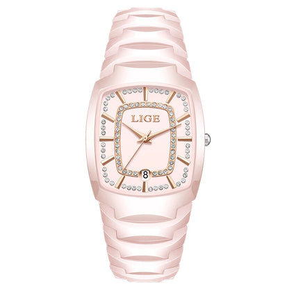 LIGE New Ladies Waterproof Watch Luxury Ceramic Braceletz Women Watches Creative Fashion Original Elegant Quartz Wristwatch Gift Pink