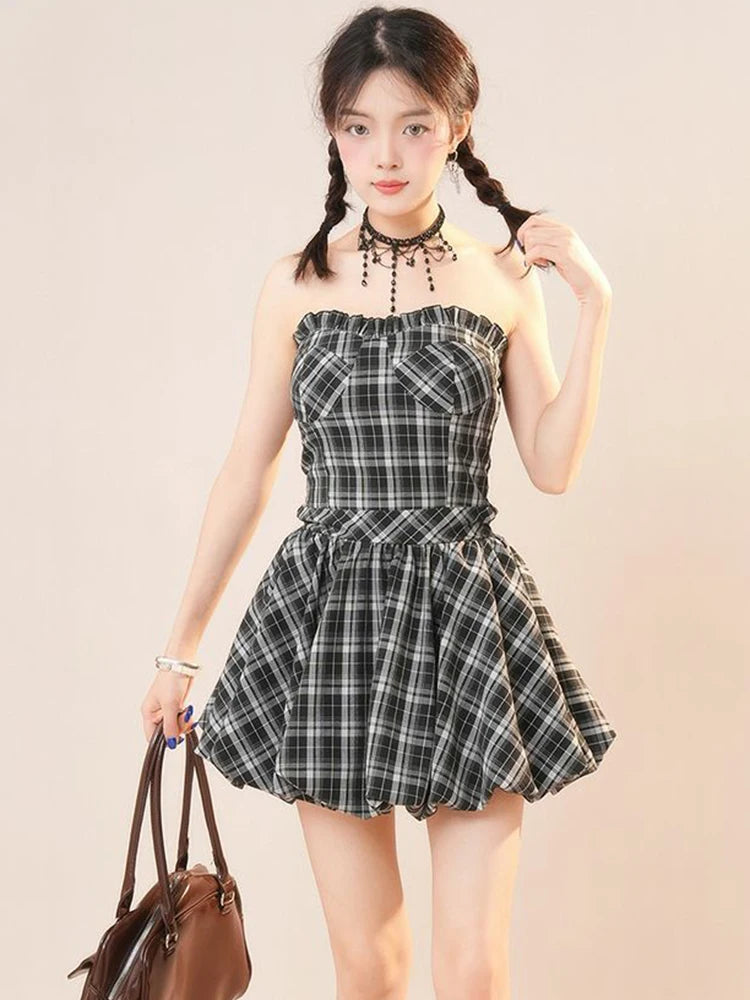 Y2K Plaid Mini Dress Women Vintage Backless Patchwork Slim Dress Summer Sexy Bodycon Strapless Aesthetic Lady Vestidos Badiee Stylez