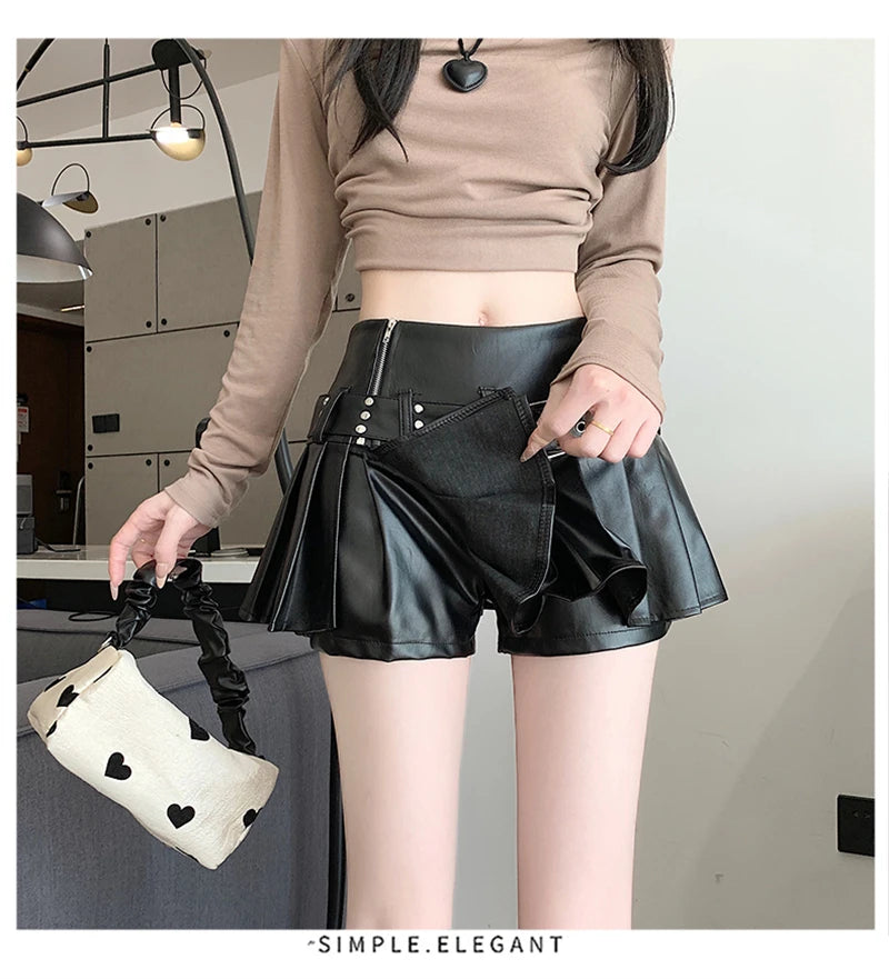 Women's Black Gothic A-line Pleated Leather Skirt Y2k Mini Shorts Skirts Harajuku Korean Emo Skirt 2000s Vintage Clothes Summer