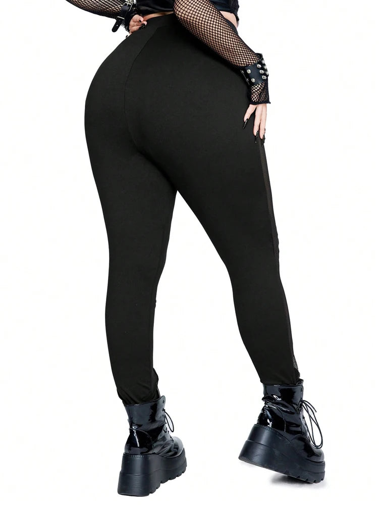 Plus Size Rave Coachella Women's Cock Eye Webbing Drawstring Tie-Up Mesh Spliced Mesh Trousers Punk Style