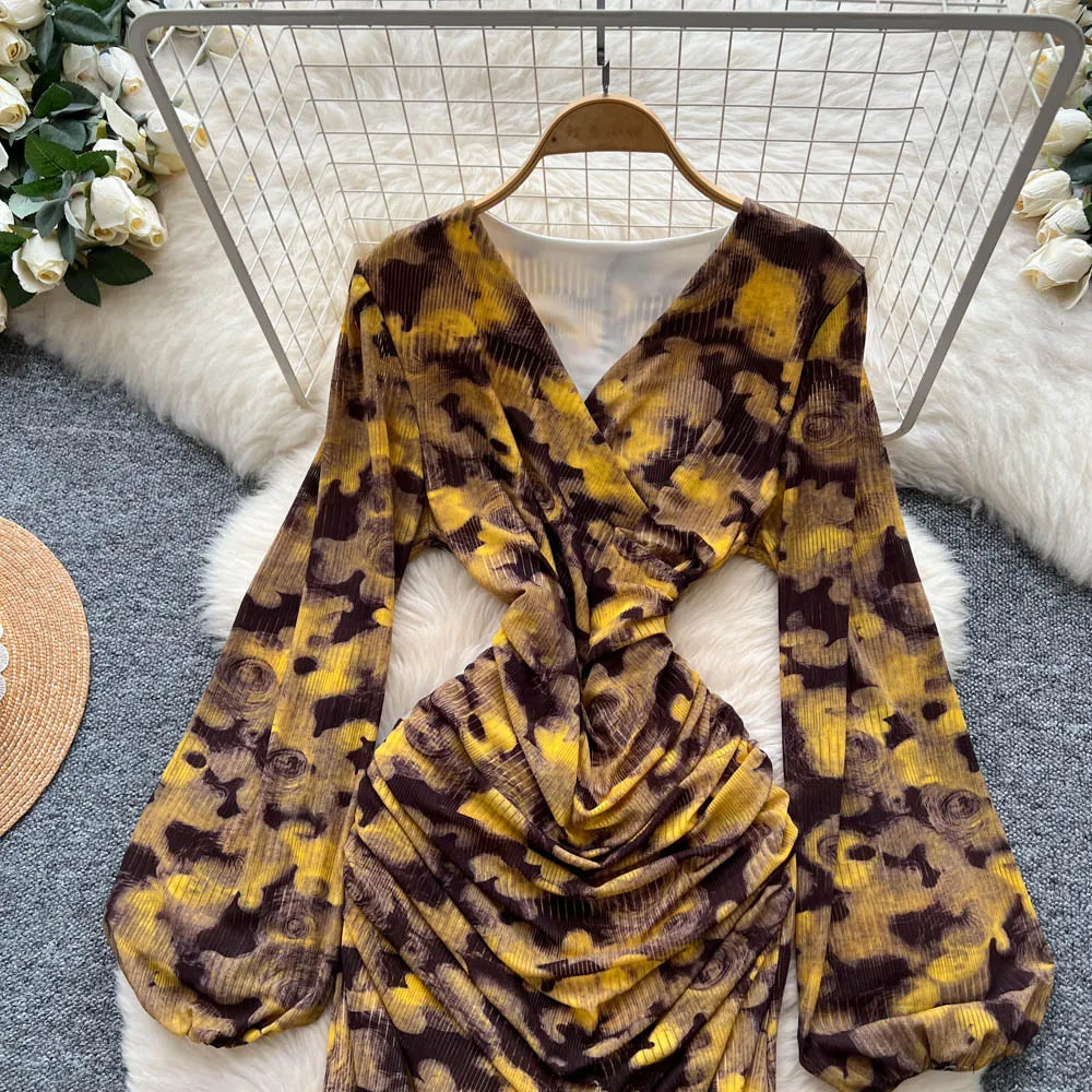 Chic vintage long sleeve Criss-Cross print pleated Elegant Fairy korean fashion dress women clothing Long dress