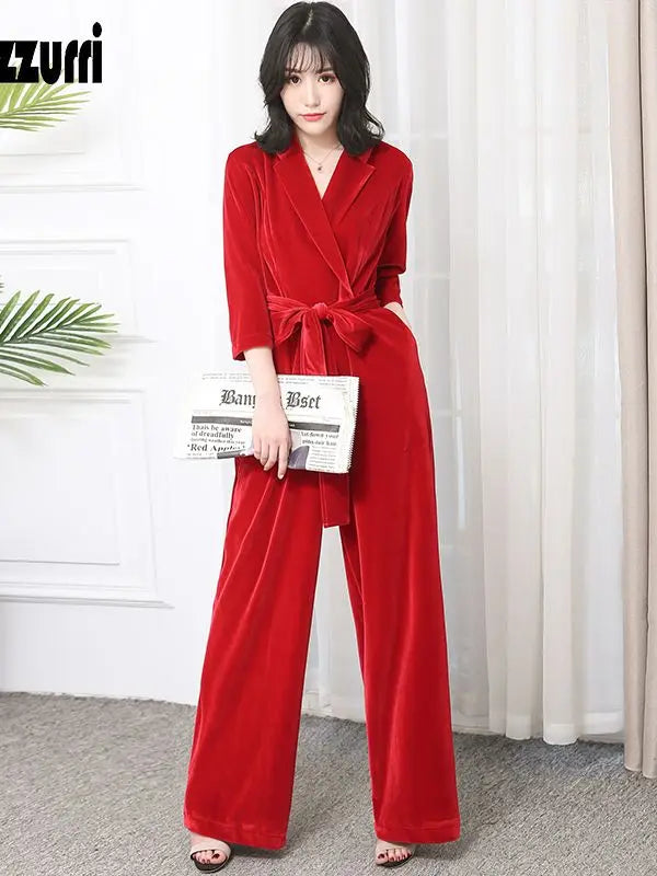 Nerazzurri Spring Autumn Long Soft Flowy Red Velvet Jumpsuit Women with Sleeves Sashes Maxi Black Wide Leg Floor Length Clothes Badiee Stylez