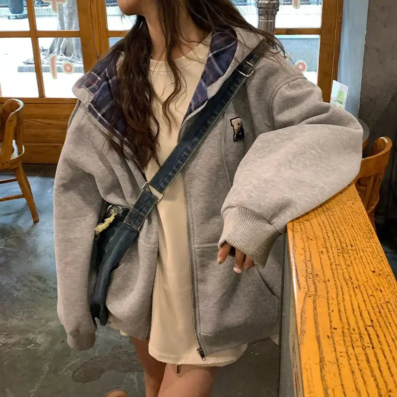 Brown Zip Up Hoodie Women 2023 Autumn Lattice stitching Long Sleeve Casual Oversized Sweatshirt Solid Jacket Women Clothing gray