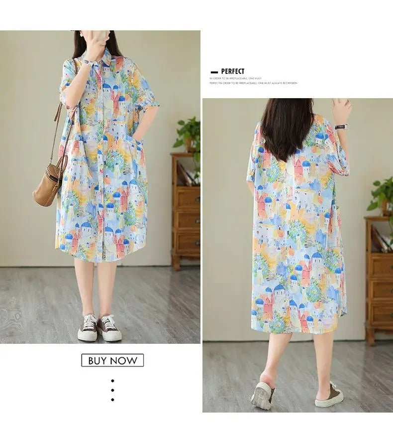 Fashionable Cartoon Printed Short-sleeved Shirt Skirt for Women in Summer Loose Dress