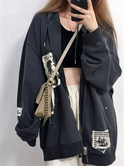 Women Sweatshirt Coats Graffiti Print Gothic Grunge Zip Up Hoodie Top Dark Academia Jacket Autumn Aesthetic Y2K Outerwear