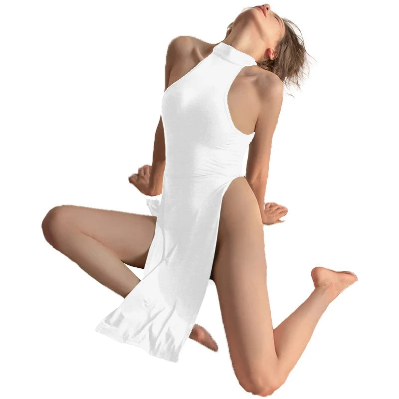 Fashion Sexy Side Slit Dress For Women Tight Fitting Wrap Hip Sleeveless Exotic Dresses Turtleneck Bodycon Black Street Clubwear 925-white