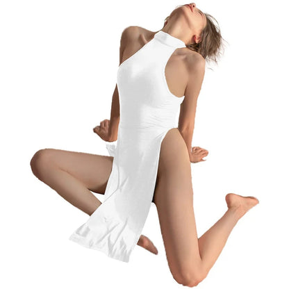 Fashion Sexy Side Slit Dress For Women Tight Fitting Wrap Hip Sleeveless Exotic Dresses Turtleneck Bodycon Black Street Clubwear 925-white