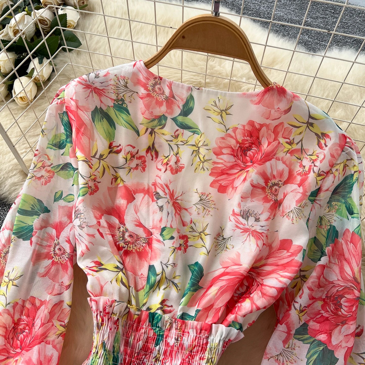 Chic vintage long sleeve lantern sleeve V-neck print pleated Elegant Fairy korean dress women clothing Long dress