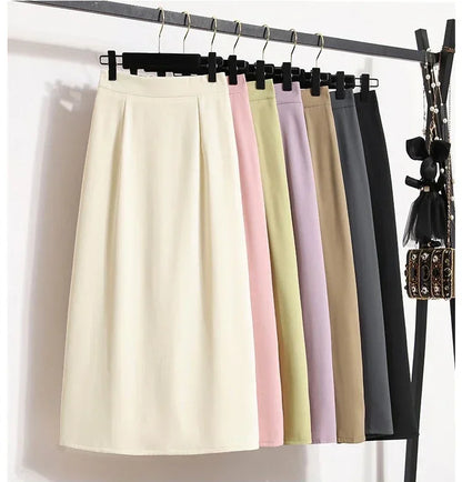 2025 Summer Female Fashionable Versatile Solid Skirts High Waisted Mid Length A-line Plus Size Skirt Split Wrap Body Skirt