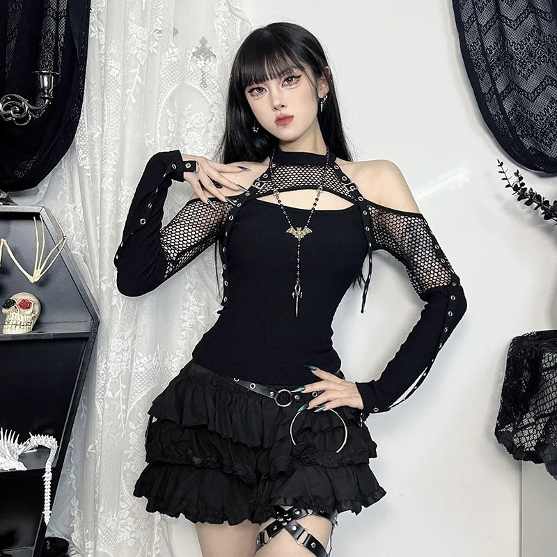 Goth Dark Punk Grunge Fishnet Patchwork Off Shoulder T-shirts Trim Corn Strap Halter Tops Autumn Mall Gothic Streetwear T-shirt