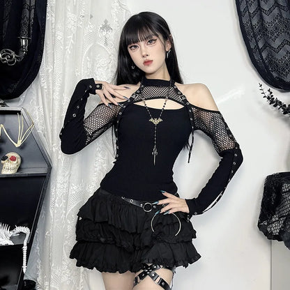 Goth Dark Punk Grunge Fishnet Patchwork Off Shoulder T-shirts Trim Corn Strap Halter Tops Autumn Mall Gothic Streetwear T-shirt