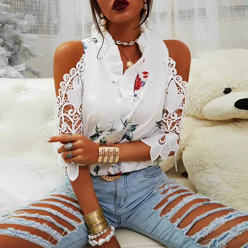 Summer Female Strapless Tops Casual Sexy Hollow Flower Printed Women Blouse Elegant V-Neck Short Sleeve Lace Shirt Blusas 19361 WHITE