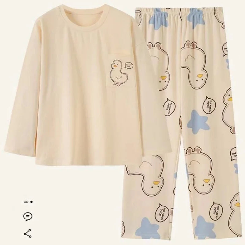 Spring and Autumn New Women's Thin Section Pajamas Homewear Suit Girls Summer Long-Sleeved Homewear Plus Size Cartoon Loose Suit