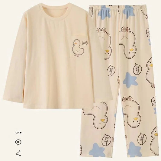 Spring and Autumn New Women's Thin Section Pajamas Homewear Suit Girls Summer Long-Sleeved Homewear Plus Size Cartoon Loose Suit