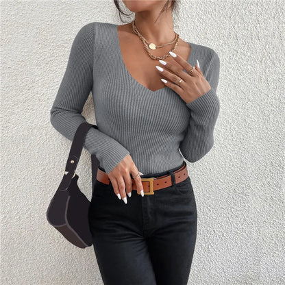 2025 Autumn Winter Women Solid Rib Knit V Neck Stripe Pull Sweater Femme Y2k Long Sleeve Pullover Jersey Tops Fashion Clothes