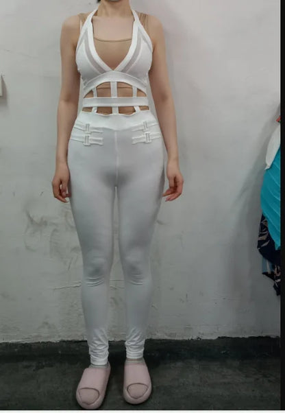 Women's jumpsuit 2025 summer new sleeveless new fashionable hollow camisole buckle comparison mesh tight jumpsuit Badiee Stylez