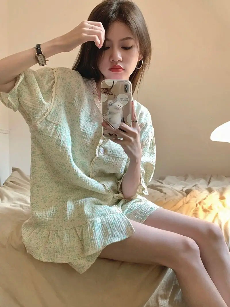 Ruffles Women Pajamas Sets for Home Summer Floral Sleepwear Shorts Sleeve Lace 2 Pieces Button Night Wears Korean Home Suit 2024