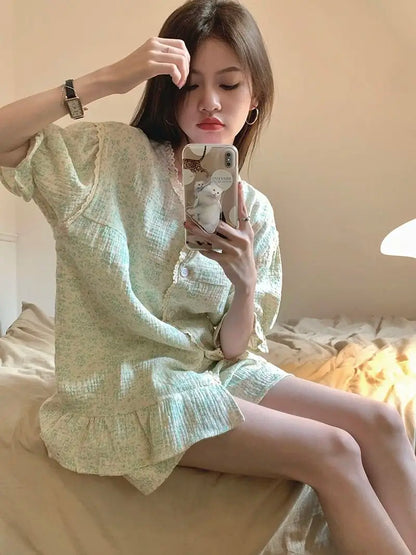 Ruffles Women Pajamas Sets for Home Summer Floral Sleepwear Shorts Sleeve Lace 2 Pieces Button Night Wears Korean Home Suit 2024