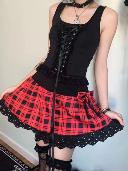 2025 Streetwear Lace Patchwork Tank Tops Women Y2k Aesthetic Halter Crop Top Sweet Bandage Off Shoulder Cross Drawstring Tanks